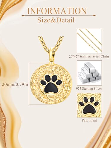 Pet Cremation Urn Necklace for Dog Cat Ashes 925 Sterling Silver Paw Print Keepsake Pendant Celtic Knot Memorial Jewelry for Women Men - style: 00E-Round Urn-(Gold Plated Personalized)