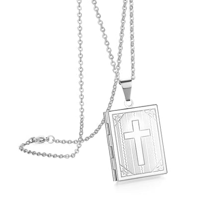 Bible Locket Cross Photo Necklace That Holds Pictures for Men Women | Stainless Steel Openable Keepsake Personalized Faith Gifts for Birthday Anniversary Christmas Memorial Day, 17.7 Inch Chain - color: Silver-Bible Cross
