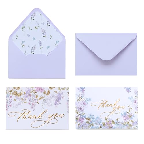 NUOERP Blank Thank You Cards With Envelopes, 30 Pack - 2 Elegant Floral Designs Foil Wedding Thank You Cards With Envelopes - For Baby Shower Card, Birthday Card, Bridal Shower Card, Wedding Card, Flower Card - Blank Inside - color: Purple Floral Gold Foi
