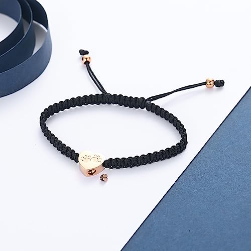 constantlife Heart Cremation Urn Bracelet for Ashes - Stainless Steel Paw Print Pendant Keepsake Jewelry Adjustable Braided Wristband Bangle Pet Dog Cat Memorial Gift for Women - color: Rose Gold