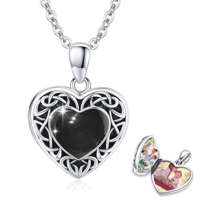 Locket Necklace for Women 925 Sterling Silver Celtic Locket Pendant Necklace Moonstone/Turquoise/Black Agate Heart Shaped Locket Necklace Jewelry Gifts for Women - style: Black Agate