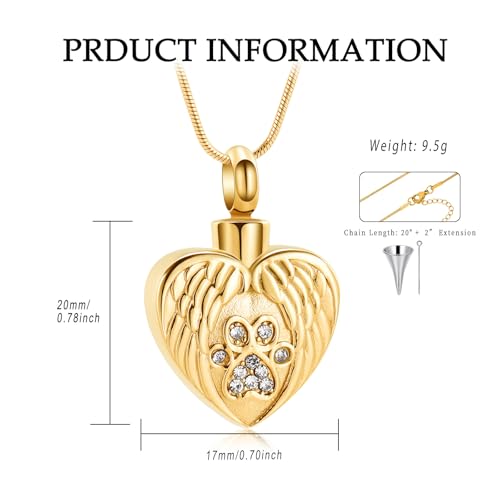 Heart Paw Print Urn Necklace for Ashes for Pet Stainless Steel Pendant - color: Gold