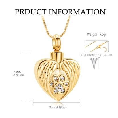 Heart Paw Print Urn Necklace for Ashes for Pet Stainless Steel Pendant - color: Gold