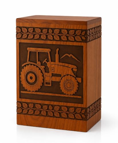 Tractor Wooden Cremation Urn for Human Ashes Adult – Handcrafted Rosewood Memorial Urn Box with Tractor Engraving (Design 2, (X-Large - 14" Hx7.5 W (640 Cu/in)) - color: Design 2, size: (X-Large - 14" Hx7.5 W (640 Cu/in)