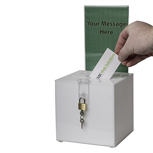 Clear-Ad - Acrylic Donation, Ballot, Raffle or Suggestion Box with Lock and Sign Holder - Plastic Comment or Compaint Container - Plexiglass Multipurpose Box with Slot - White (8x8) - size: 8 x 8 White