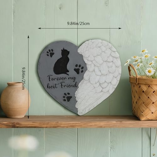 Landoraloria Cat Memorial Stone 10” Heart with Wings Outdoor Pet Grave Marker Cement Garden Remembrance Stone Sympathy Gift for Loss of Cat Angel Paw Design