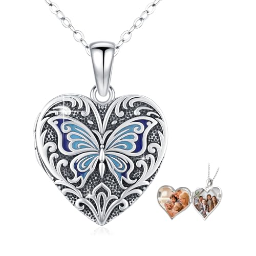 Heart Photo Locket Necklace Sterling Silver for Women | Dragonfly, Butterfly, Turtle, Dog Paw and Mother Daughter Styles, Jewelry Gifts for Mom Christmas Birthday Anniversary. - style: 2-Butterfly