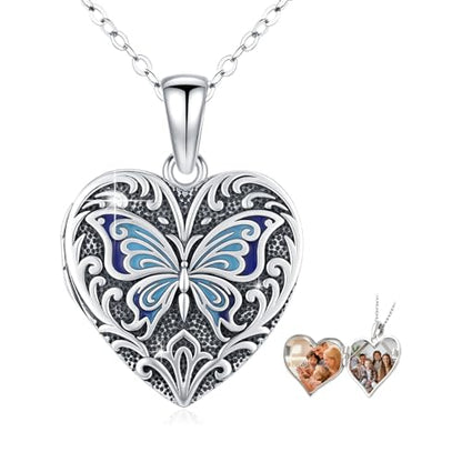 Heart Photo Locket Necklace Sterling Silver for Women | Dragonfly, Butterfly, Turtle, Dog Paw and Mother Daughter Styles, Jewelry Gifts for Mom Christmas Birthday Anniversary. - style: 2-Butterfly