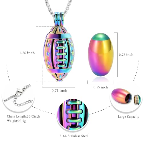 Oinsi American Football Cremation Locket Necklace For Ashes Of Loved Ones Stainless Steel Memorial Urn Jewelry Women Men Keepsake Fashion Necklace - color: All Rainbow Color