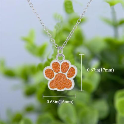 Dreuyet Paw Necklace and Earrings Set for Women Glitter Cute Dog Cat Pet Paw Print Pendant Necklace Earrings Lovely Animal Charm Jewelry Set Gifts - color: Silver Orange
