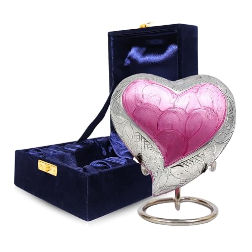 NORSE'S TRADECRAFT Heart Mini Urn for Ashes Adult Male, Female, 3 cu in | Memorial Gifts with Velvet Box & Stand, Handcrafted Cremation Urns for Human Ashes, Pets, Pink Heart with Floral Border