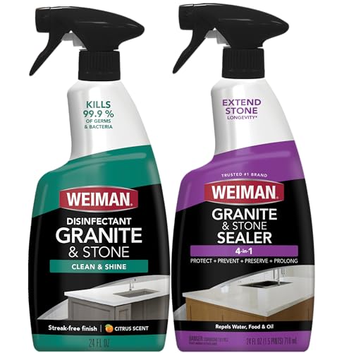 Weiman Disinfecting Granite & Stone Daily Cleaner and Sealer Kit - For Granite, Marble, Quartz, Quartzite, Slate - 24 oz Daily Kitchen Countertop Cleaner, 24 oz Granite & Stone Sealer - style: Granite Kit 1