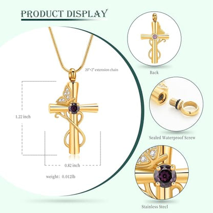Butterfly Cross Cremation Jewelry Urn Necklaces Cross Butterfly Urn Necklaces for Ashes Memorial Keepsake Pendant for Women Men Gifts With Funnel Kit & Bag - color: Gold+Purple