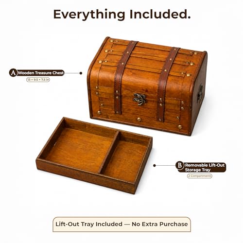 Antique Wooden Treasure Chest with Tray, Large Keepsake Box, 13x9.5x7.5 in - size: Large