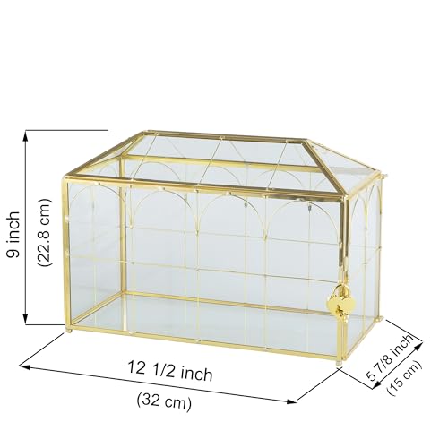 Glass Wedding Card Box with Slot, 12.5'' Large Clear Card Box Gold Brass Gift Card Storage Box with Lock Perfect for Wedding Receptions, Baby Shower, Birthday Party, Bridal Shower - color: B-Gold Card Box 12.6''