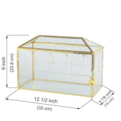 Glass Wedding Card Box with Slot, 12.5'' Large Clear Card Box Gold Brass Gift Card Storage Box with Lock Perfect for Wedding Receptions, Baby Shower, Birthday Party, Bridal Shower - color: B-Gold Card Box 12.6''