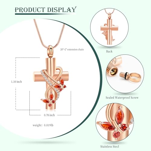 Butterfly Cross Cremation Jewelry Urn Necklaces Stainless Steel Cross Urn Necklaces for Ashes Memorial Keepsake Pendant for Women Gifts With Funnel Kit & Bag - color: Rose+Red