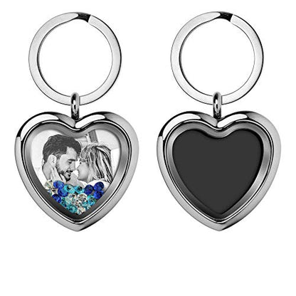 Custom Photo Text Engraved Heart Floating Living Locket Crystal Pendant Keychain - color: Blue - 1 Photo Engraving