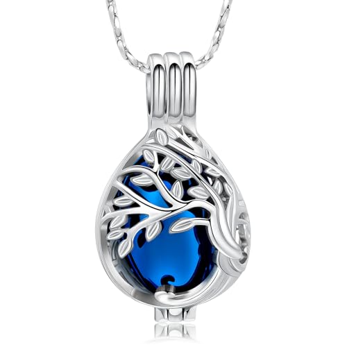 Imrsanl Teardrop Urn Necklace for Ashes Tree of Life Cremation Jewelry | For Women Men, Hollow Locket Pendant, In Memory of a Beloved, Keepsake Urn for Human Pet Ashes - color: Blue