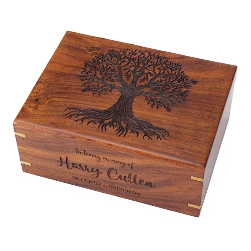 Personalized Rosewood Cremation Urn for Human or Pet Ashes, Engraved Tree of Life Wooden Memorial Urn Box, Funeral Keepsake Urn for Adults, Male or Female, Custom Sizes XS to XXL (12–250 lbs Capacity)