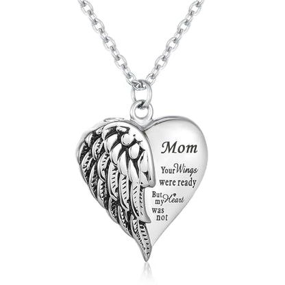 Heart Cremation Urn Necklace Human Ashes Jewelry for Women Men Engraved Your Wings were Ready but My Heart was Not Angel Wings Memorial Pendant Necklace Gift for Family Members - color: Mom