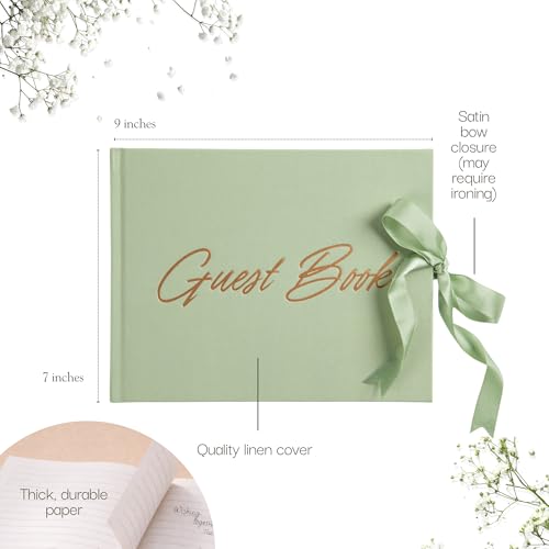 Wedding Guest Book with Keepsake Pocket & Satin Bow Closure Linen Hardcover - color: Sage Green