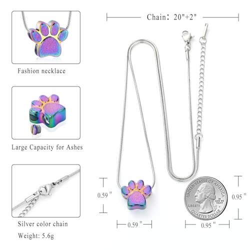 Pet Urns For Dogs/Cats - Pet Ashes Necklace - Paw Print Urn Necklace with Mini Keepsake Urn Memorial Ash Jewelry - color: Colorful