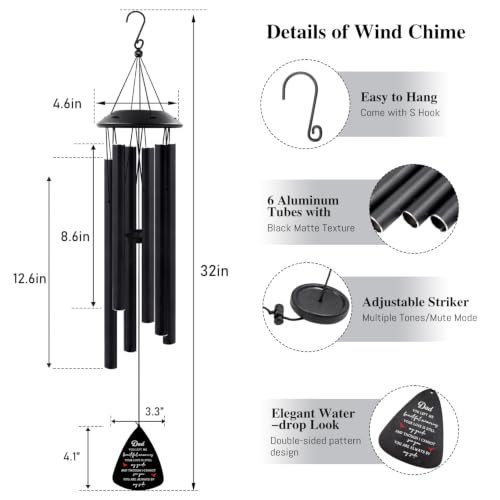 Sympathy Gifts for Loss of Dad 32" Memorial Wind Chimes for Loss of Father | Windchimes for Outside, Condolence Bereavement Gifts in Memory of Dad (Black) - size: 32"Dad Memorial