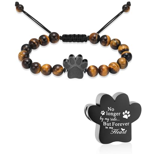 constantlife Cremation Bracelet for Ashes Stainless Steel Paw Print Urn Jewelry Braided Rope Adjustable Bangle Keepsake Pet Dog Cat Ash Holder Memorial Gift for Women Men - color: Tiger Stone-Black