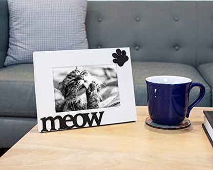 Isaac Jacobs 4x6 White Wood Sentiments Cat Meow” Picture Frame | Photo Gift for Pet Cat, Kitten, Display on Tabletop, Desk (White, 4x6) - color: White, size: 4x6
