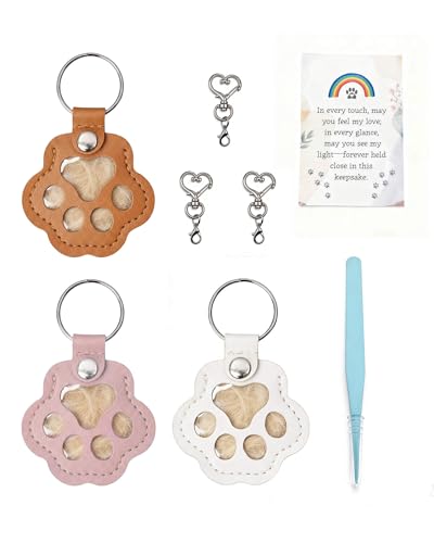 Cat & Dog Hair Keychain, Leather Dog Paw Hair Holder Fur Collection Key Chain Keepsake Pet Loss Memorial Gift - color: White/Brown/Pink