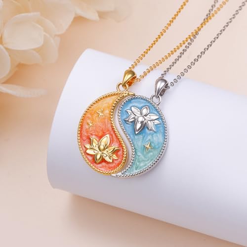 FLYOW S925 Sterling Silver Best Friend Couple Pendant Friendship Sun Moon Lotus Yin Yang Matching Bff Necklace for Women Jewelry - style: Lotus Yin Yang