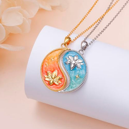 FLYOW S925 Sterling Silver Best Friend Couple Pendant Friendship Sun Moon Lotus Yin Yang Matching Bff Necklace for Women Jewelry - style: Lotus Yin Yang