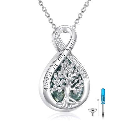 Diamond Tree of Life Urn Necklace for Ashes 925 Sterling Silver Family Tree of Life Cremation with Funnel Filler Ash Holder Keepsake Memorial Jewelry Gifts for Women,18+2 inch - style: Style 2-Moss Agate