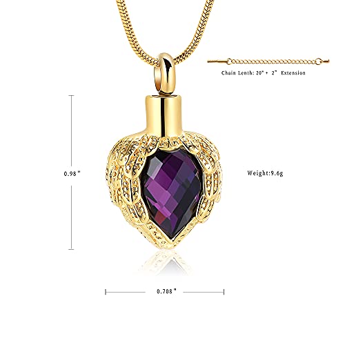 memorial jewelry Gold Angel Wings Glass Heart Urn Pet/Human Cremation Pendant Necklace Jewelry for Ashes - color: Purple