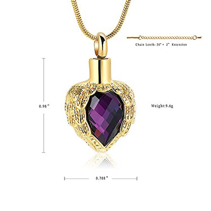 memorial jewelry Gold Angel Wings Glass Heart Urn Pet/Human Cremation Pendant Necklace Jewelry for Ashes - color: Purple