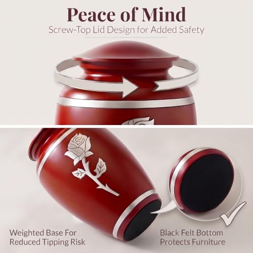 Red Rose Cremation Urn for Ashes Adult Female, 220 Cubic Inches | Hand-Engraved Rose, Solid Metal Build, Threaded Lid, Velvet Bag Included, Burial or Display Ready, Holds 220 Pounds - color: Red
