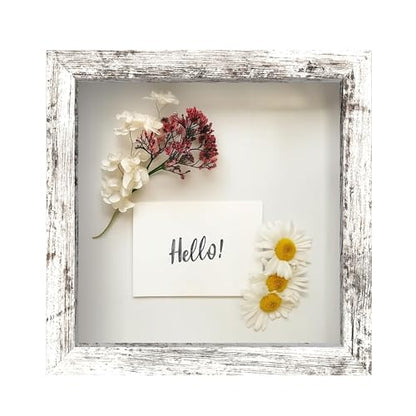 FrameWorks 8x8 Driftwood Wooden Shadow Box Frame – Soft Felt Back, Tempered Glass, and Included Elegant White Ball Push Pins - color: White Driftwood, size: 8"x8"