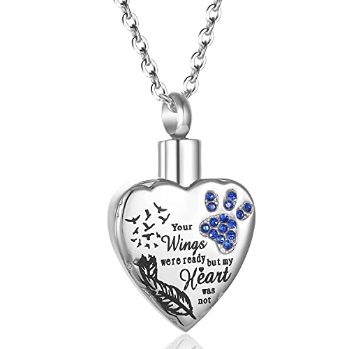 Fashion Pet Cremation Jewelry Stainess Steel Heart Keepsake Ashes Necklace Dog Cat Paw Memorial Urn Pendant - color: Silver-Feather-Dark Blue
