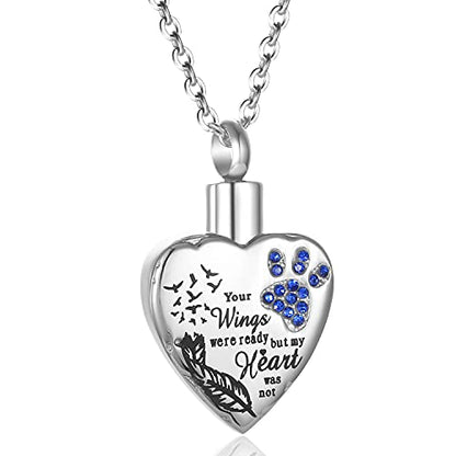 Fashion Pet Cremation Jewelry Stainess Steel Heart Keepsake Ashes Necklace Dog Cat Paw Memorial Urn Pendant - color: Silver-Feather-Dark Blue