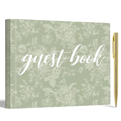 Engrowtic 7 x 9 Inches Floral Guest Book with Pen Hardcover Guestbook Registry Book for Wedding Bridal Shower Baby Shower Graduation Birthday Funeral Anniversary Reception, 50 Sheets 100 Pages (Green) - color: Green