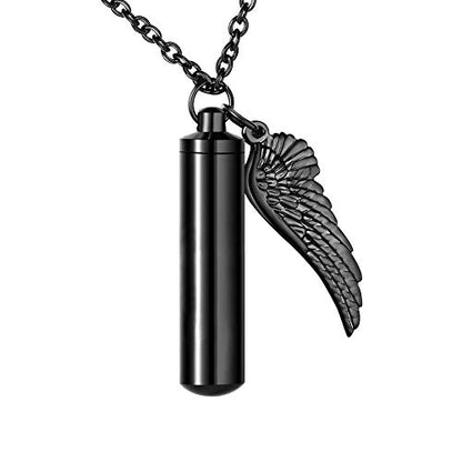 Dletay Cylinder Cremation Urn Necklace for Ashes Memorial Keepsake Pendant with Angel Wing Stainless Steel Remembrance Jewelry - color: Black-L, style: non-engraving