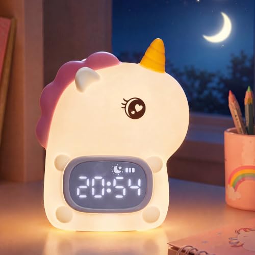 Unicorn Night Light with Alarm Clock, Unicorn Gifts with Rechargeable Silicone Lamp Cute Animal Tabletop Lamp, OK to Wake Clock with 9 RGB Color Light, 6 Soothing Sounds, Dual Alarm, for Boys & Girls - style: Unicorn