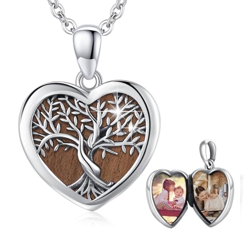 Tree of Life Locket Necklace That Hold Pictures Sterling Silver with Abalone Shell Family Tree Pendant Necklace Memorial Photo Heart Necklace Jewelry Xmas Gifts for Women - style: Ebony Wooden Tree of Life Necklace