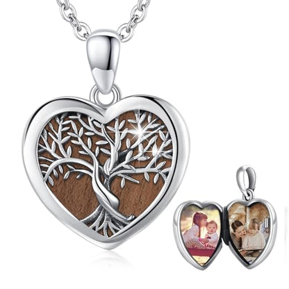 Tree of Life Locket Necklace That Hold Pictures Sterling Silver with Abalone Shell Family Tree Pendant Necklace Memorial Photo Heart Necklace Jewelry Xmas Gifts for Women - style: Ebony Wooden Tree of Life Necklace