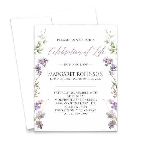Personalized In Loving Memory Invitations With Border, FLAT Custom Celebration of Life Invitation Cards And Envelopes, Lavender Invitations For Funerals, Your Choice of Quantity and Envelope Color - color: Lavender