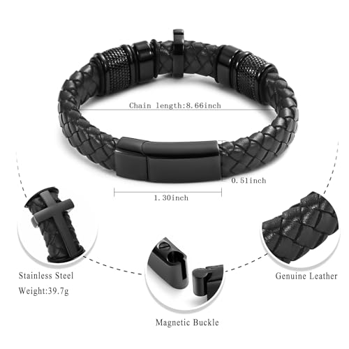 Oinsi Mens Double-Band Black Braided Leather Bangle Bracelets Cremation Jewelry for Ashes Wristband Memorial Urn Bangle with Cross Charm - color: A-Customize-Text