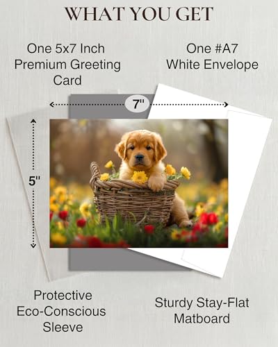 Golden Retriever Puppy All Occasions Greeting Card - Dog with Flowers from Unique Dogs Party Delights Collection - Large 5x7 Inch - Blank Inside with White Envelope - color: Golden Retriever Puppy with Yellow Flowers