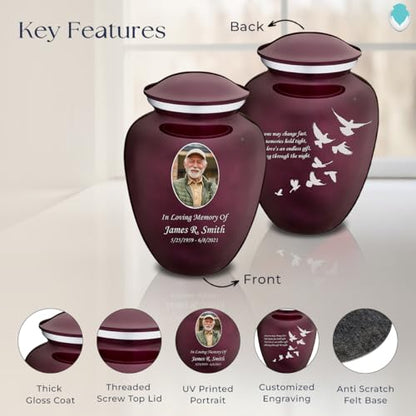 Geturns Embrace Adult Personalized Doves Cremation Urns for Human Ashes I Large Picture Cherry Purple Funeral Urn for Adult Men and Women with Double Side Engraving I 200 lbs - color: _Cherry Purple (Double Sided)