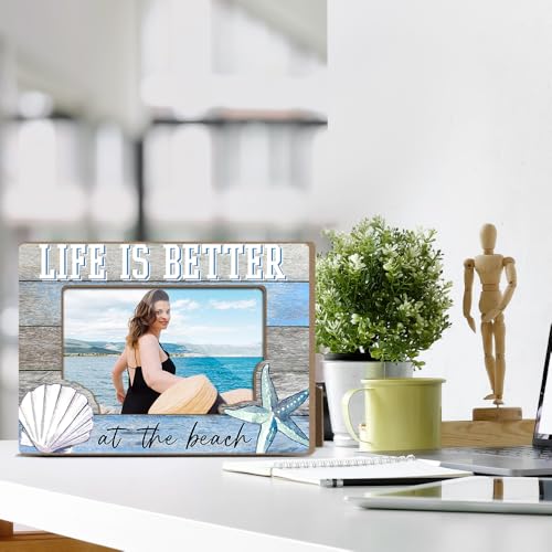 Vacation Honeymoon Wood Photo Frame Life Is Better at the Beach Themed Gifts Desk Picture Frame Modern Pictures Frames Farmhouse Picture Frames Photo Gifts for Cruise Lovers Beach Gift YT0080 - color: Blue